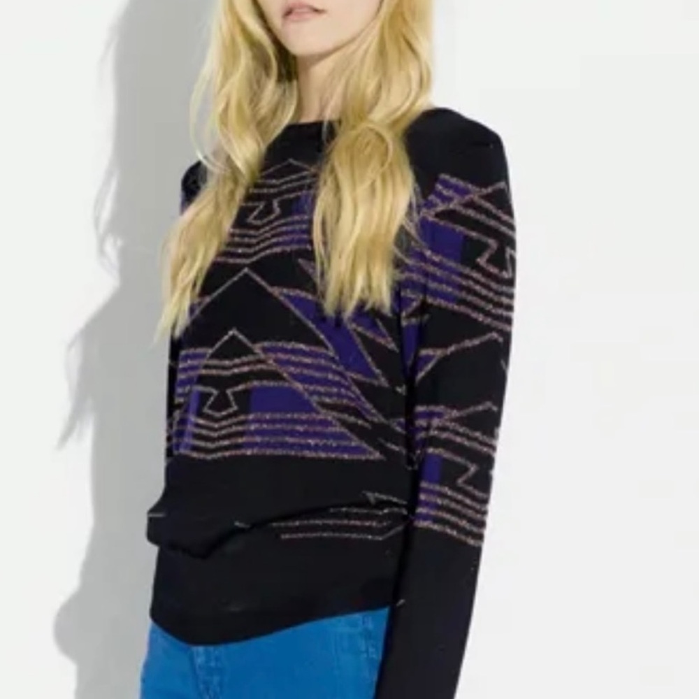 Surface To Air Ribbed Knit Geometric Pattern Black Purple Gold Metallic Sweater